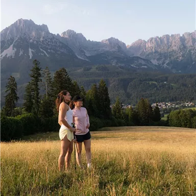 Two people are standing on a green meadow with a view of majestic mountains in the background. It is a sunny day, and the landscape radiates a calm atmosphere.