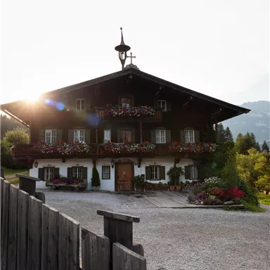 A traditional old house in the mountains, adorned with flowers around the windows. In the background, gentle hills and trees can be seen.