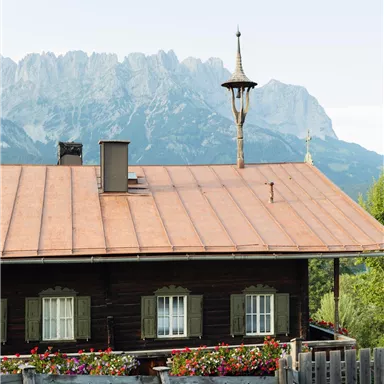 A traditional wooden house with a red roof and green shutters. In the background, majestic mountains can be seen.