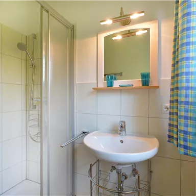 A modern bathroom with a shower and a sink. There is a window with a checkered curtain and a small plant.