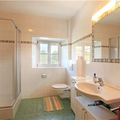A bright bathroom with a shower and a window. There is a sink and a toilet, as well as a couple of towels.