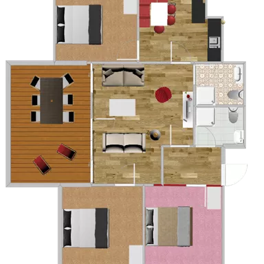 Eine moderne Wohnraumgestaltung mit mehreren Zimmern. Der Grundriss zeigt einen offenen Wohn- und Essbereich sowie zwei Schlafzimmer.