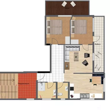 Eine Grundrisszeichnung einer Wohnung mit zwei Schlafzimmern, einem Badezimmer und einem offenen Wohnbereich. Der Balkon ist ebenfalls eingezeichnet.