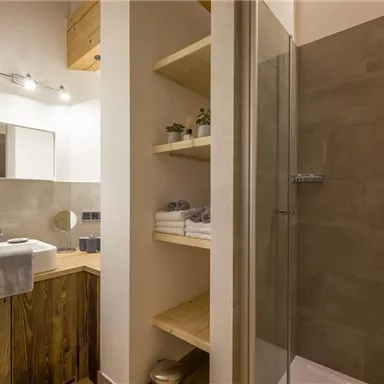 A modern bathroom with a shower, a sink, and wooden shelves. The walls are painted in neutral tones, and there are decorative plants.