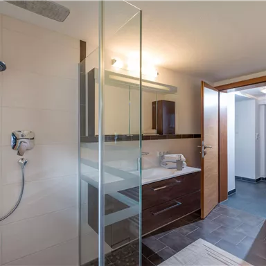 A modern bathroom with a glass shower and a stylish sink. The walls are light tiled and there is a wooden door leading to another room.