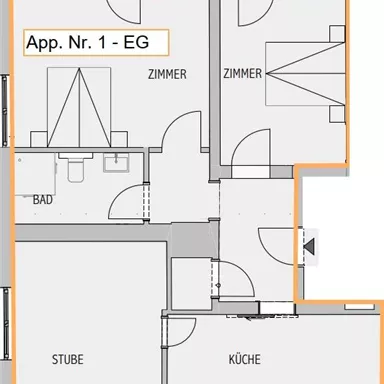 An apartment layout drawing with various rooms such as living room, kitchen, and bathroom. The apartment number is 1 and it is on the ground floor.