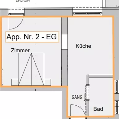A floor plan drawing of a ground floor apartment. The rooms are labeled and show a living room, a kitchen, a bathroom, and a hallway.