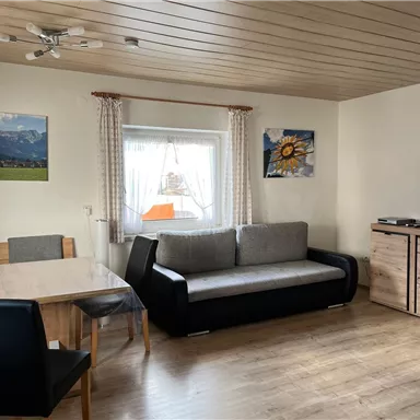 Ein gemütlicher Wohnraum mit einem grauen Sofa, einem Esstisch und einem Fernseher. An den Wänden hängen Bilder von Landschaften und Sonnenblumen.