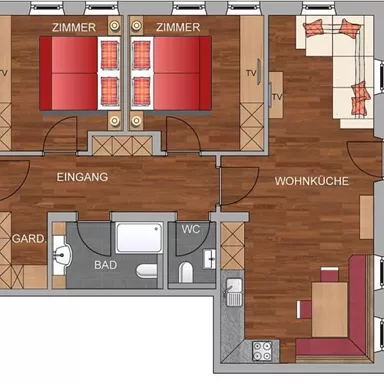 A simple floor plan with two rooms, a living kitchen area, and a balcony. The entrance area is centrally located, and the bathroom and wardrobe are available.