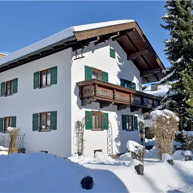 A pretty house in the snow with green shutters. Surrounded by snow-covered trees and a clear sky.