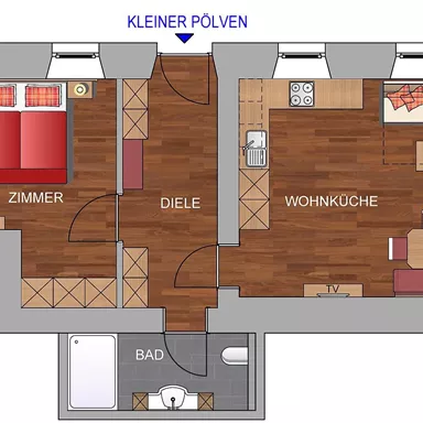 A clear floor plan representation of an apartment with one bedroom, one bathroom, and an open living and kitchen area. The furniture is sketched in, with a modern layout and warm colors.