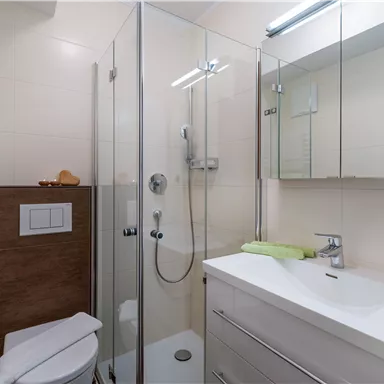 Ein modernes Badezimmer mit einer Dusche, einem Waschbecken und einem Spiegel. Die Wände sind hell, und die Einrichtung ist stilvoll und funktional.