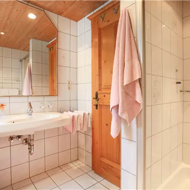 A bright bathroom with tiled walls and a large mirror. Visible are a sink, a shower, and a wood stove.