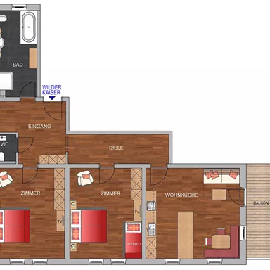 A floor plan of an apartment with several rooms. There is a bathroom, a living kitchen, and a balcony.