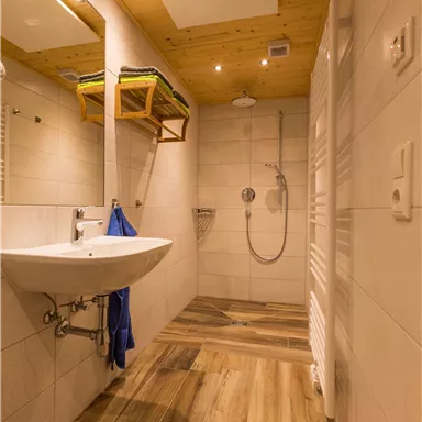 A modern bathroom with a shower and a sink. The floor has a wood look, and there are shelves for towels.
