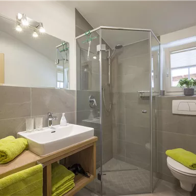 A modern bathroom with a glass shower and a sink. Towels in fresh green add a colorful accent.