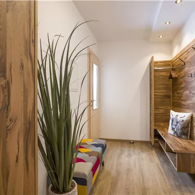 A modern entrance area with wooden cladding. A plant and a colorful bench create a cozy atmosphere.
