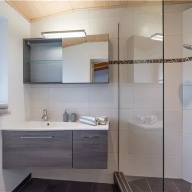 A modern bathroom with a spacious shower and an elegant sink. Bright tiles and plenty of light create a pleasant atmosphere.
