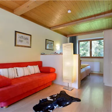 A cozy room with a red sofa and a wooden ceiling. A window offers a view of a green outdoor area.