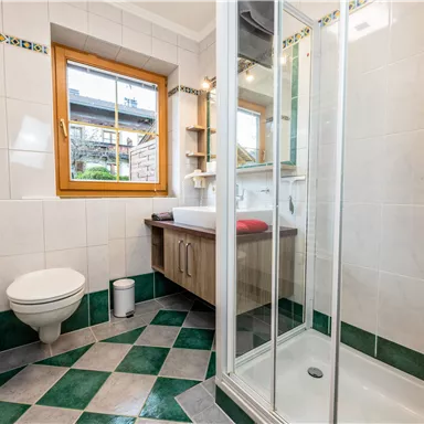 Ein modernes Badezimmer mit Dusche und WC. Die Wände sind hell gefliest, und es gibt ein Fenster mit Blick nach draußen.