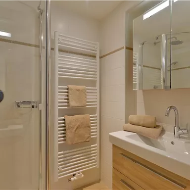 Ein modernes Badezimmer mit einer Dusche und einem Waschbecken. Handtücher und ein Handtuchwärmer sind ebenfalls vorhanden.