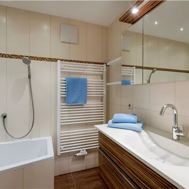 Ein modernes Badezimmer mit einer Badewanne und einer Dusche. Die Wände sind hell gefliest, und es gibt einen Handtuchhalter sowie einen großen Spiegel.
