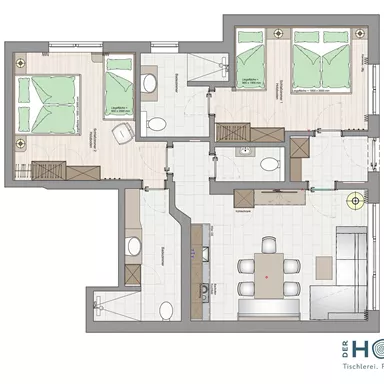Eine moderne Wohnungsgrundriss mit mehreren Zimmern, darunter Schlafzimmer und ein Wohnzimmer. Die Räume sind klar strukturiert und hell gestaltet.