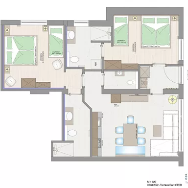 Ein Grundriss einer Wohnung zeigt verschiedene Räume wie Schlafzimmer, Badezimmer und ein Wohnzimmer mit einer Küche. Die Räume sind klar angeordnet und bieten eine offene Wohnatmosphäre.