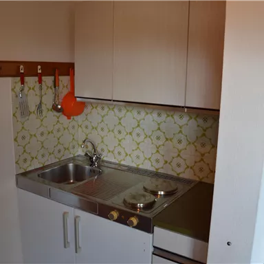 A small kitchen with a sink and simple kitchen cabinets. The walls are decorated with a vintage pattern.