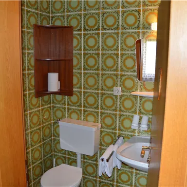 A small bathroom with a toilet area and a sink. The walls are decorated with a striking green pattern.