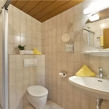 Ein modernes Badezimmer mit Dusche, Waschbecken und Spiegel. Die Wände sind hell gefliest und es gibt dekorative Handtücher und Pflanzen.