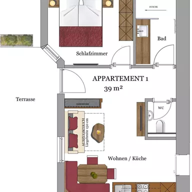 Eine Grundrissskizze eines Apartments mit 39 m². Es zeigt ein Schlafzimmer, ein Badezimmer und einen Wohnbereich mit Küche.