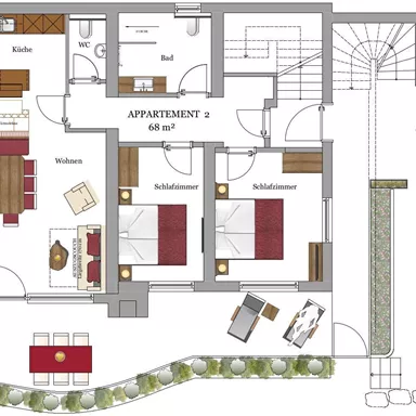 Eine Grundrisszeichnung einer Wohnung mit zwei Schlafzimmern, einem Wohnzimmer, einer Küche und einem Badezimmer. Der Plan zeigt auch einen Außenbereich mit einer Terrasse und einem Garten.