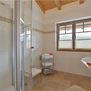 A modern bathroom with a shower and a sink.  
Large windows provide plenty of natural light and a bright atmosphere.