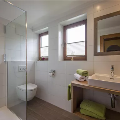 A modern bathroom with a walk-in shower and large windows. The wash area is decorated with towels and a green blanket.