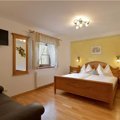 A cozy bedroom with a double bed and wooden furniture. The room features a television and large windows that let in plenty of light.