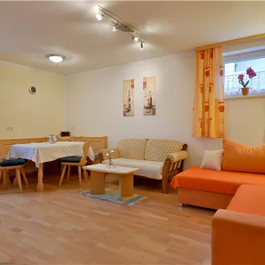A cozy living room with orange sofas and a dining table. Warm colors and daylight create an inviting atmosphere.