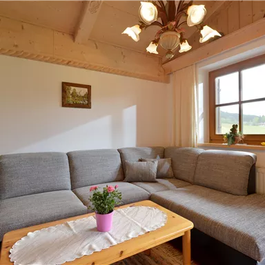 Ein gemütliches Wohnzimmer mit einem grauen Sofa und einem Holzkaffee-Tisch. Die Fenster bieten Tageslicht und einen Blick ins Grüne.