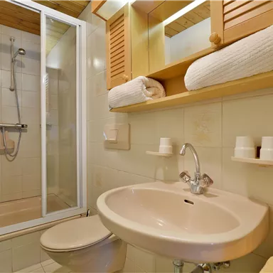 A modern bathroom with a shower and a sink. Towels and toiletries are neatly arranged.