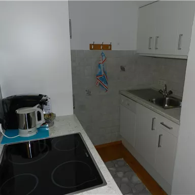 Eine kleine, moderne Küche mit einem Kochfeld, einem Wasserkocher und einer Spüle. Die Wände sind hell und es gibt einen Holzfußboden.