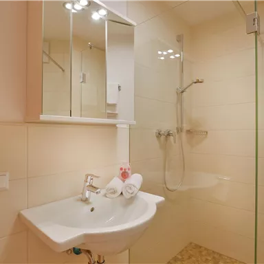 Ein modernes Badezimmer mit einer Dusche und einem Waschbecken. Es gibt ein Wandspiegel und Handtücher in der Nähe.