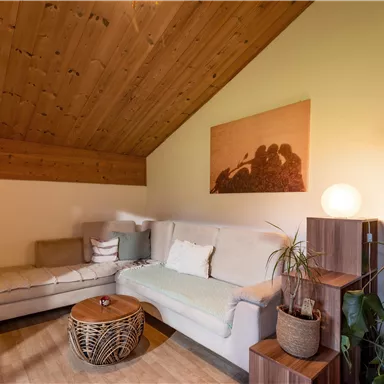 Ein gemütliches Wohnzimmer mit einer hellen Couch und Holzverkleidung. Pflanzen und ein runder Tisch verleihen dem Raum eine einladende Atmosphäre.