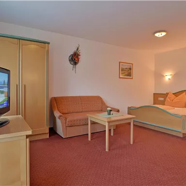 A cozy room with a double bed, a couch, and a table. The room is bright and simply furnished, with a television and a wardrobe.