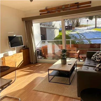 A cozy living room with plenty of natural light. The large window front offers a view of the garden and the snow-covered landscape.
