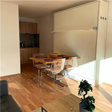 A modern apartment with a dining area and an open kitchen. The space is bright and inviting, with wooden flooring and minimalist decor.