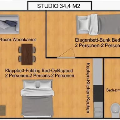 A floor plan sketch of a studio with a living room, a bunk bed, and a fold-out bed. It also shows a small dining area and a bathroom.