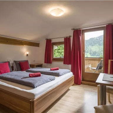 A cozy room with two beds, red cushions, and wooden furniture. Through the window, you can see a green landscape.