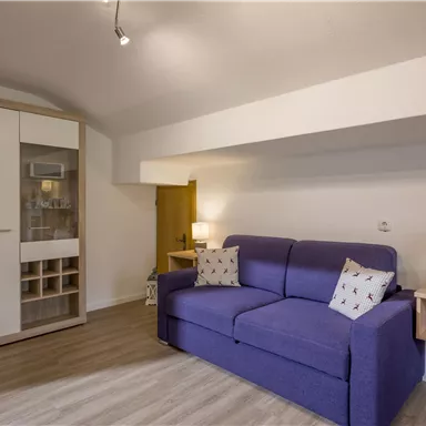 A modern living room with a purple sofa and a small side table. Next to the sofa is a shelf with plants and a lamp.