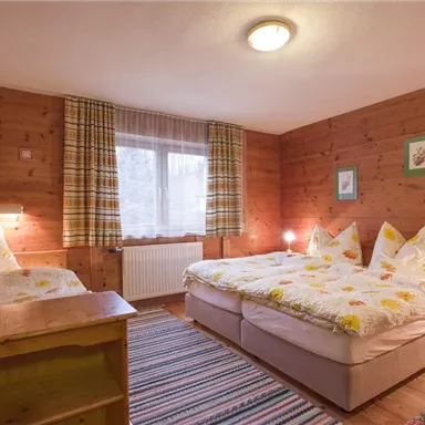 Ein gemütliches Zimmer mit zwei Betten und rustikalen Holzwänden. Tageslicht fällt durch das Fenster und es gibt eine warme Atmosphäre mit einer bunten Teppichgestaltung.