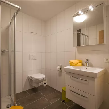 Ein modernes Badezimmer mit einer Dusche, einem WC und einem Waschbecken. Die Wände sind hell gefliest, und es gibt gelbe Handtücher als Farbakzent.